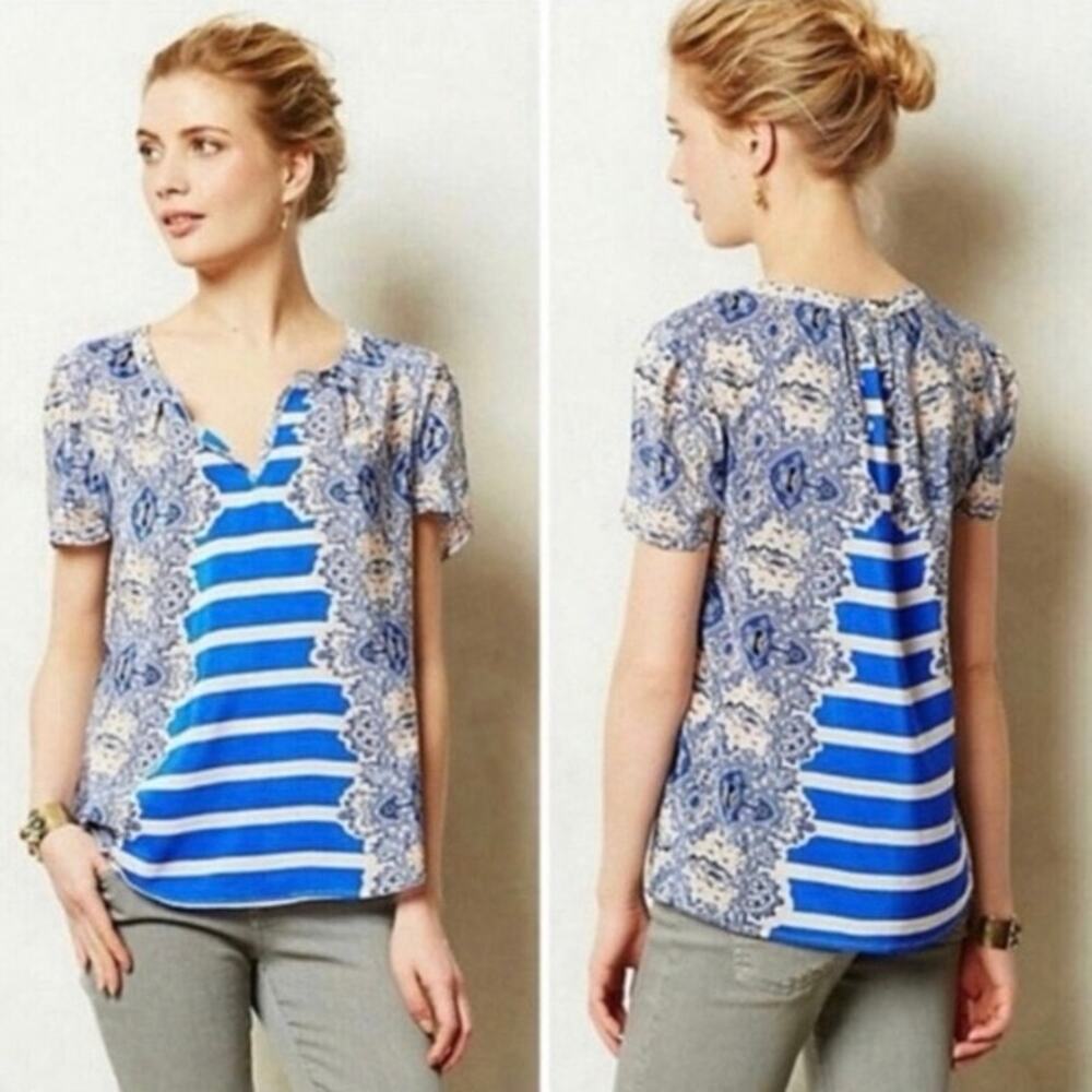 Anthropologie Maeve Blue, White, and Pink Stripe Archivist Silk Blouse Medium